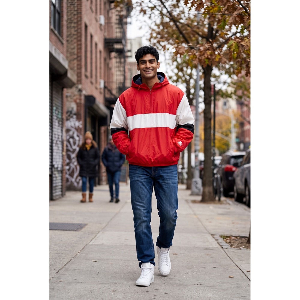 Vintage Eastbay Mens XL Red White Colorblock Half Zip Hooded Windbreaker Jacket